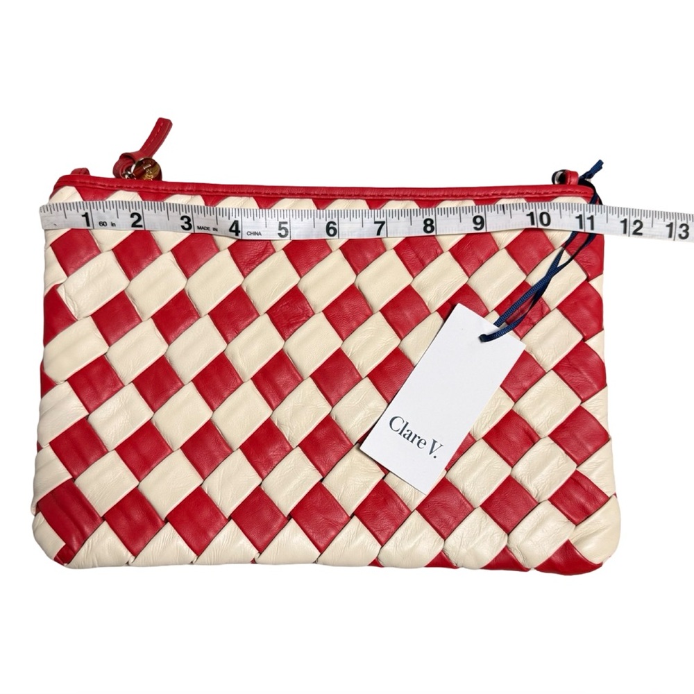Clare V. Puffy Woven Flat Clutch Red Cream Leather Bag + Dust Bag NWT Giftable - Picture 9 of 9